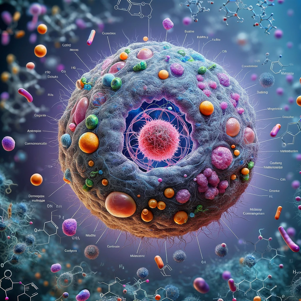 A imagem criada representa um modelo 3D realista de uma célula cancerosa, ilustrando o conceito de metabolômica de célula única. Criada com DALL.E